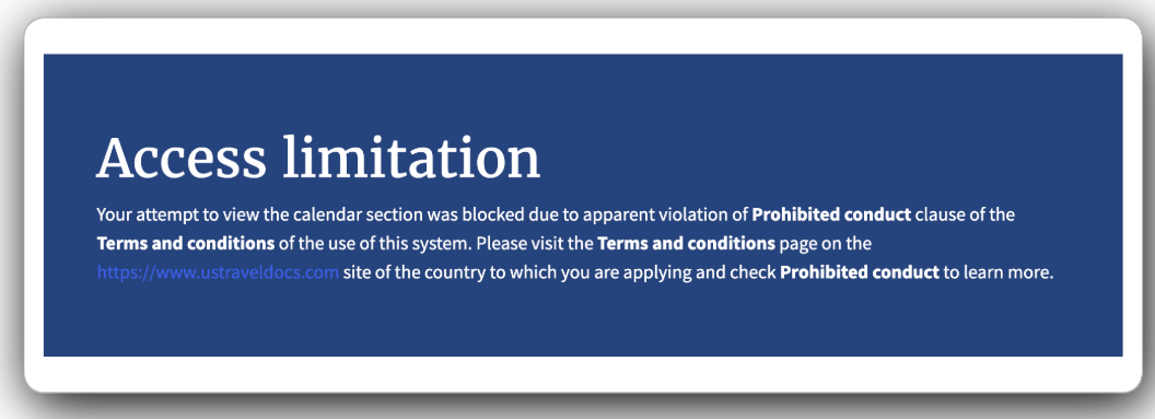 usvisascheduling Access limitation: Your attempt to view the calendar section was blocked