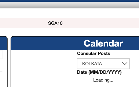 usvisascheduling scheduling page showing SGA10 with dates stuck on Loading